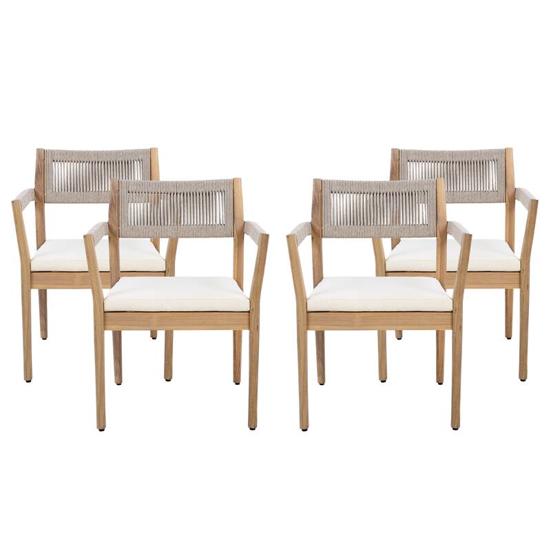 Braided Acacia Wood Outdoor Dining Chairs Set of 2, Armrests - All-Weather Patio Furniture