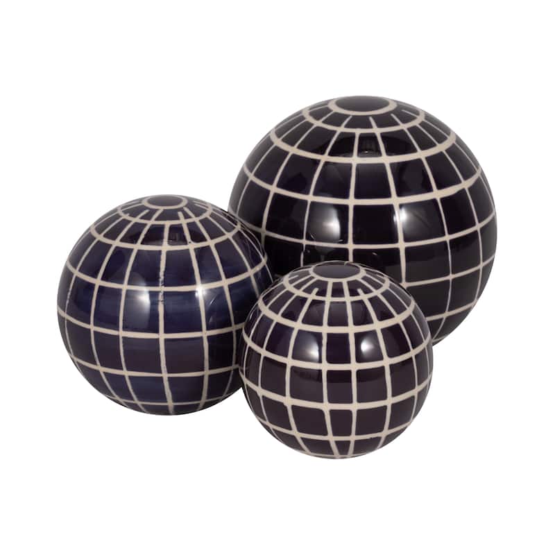 Sagebrook Home Blue Plaid Ceramic Decorative Orbs Set - 6" x 6" x 6"