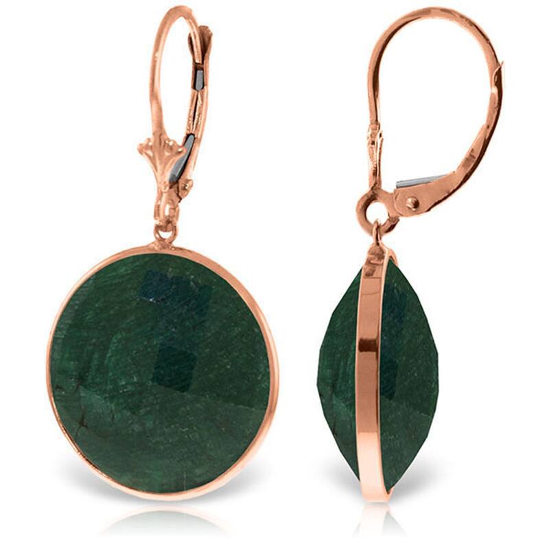 14K Solid Gold Leverback Earrings w/ Checkerboard Cut Round Emerald - Rose