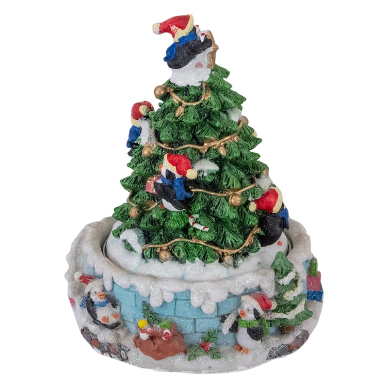 Penguins and Christmas Tree Rotating Music Box - 6.5"