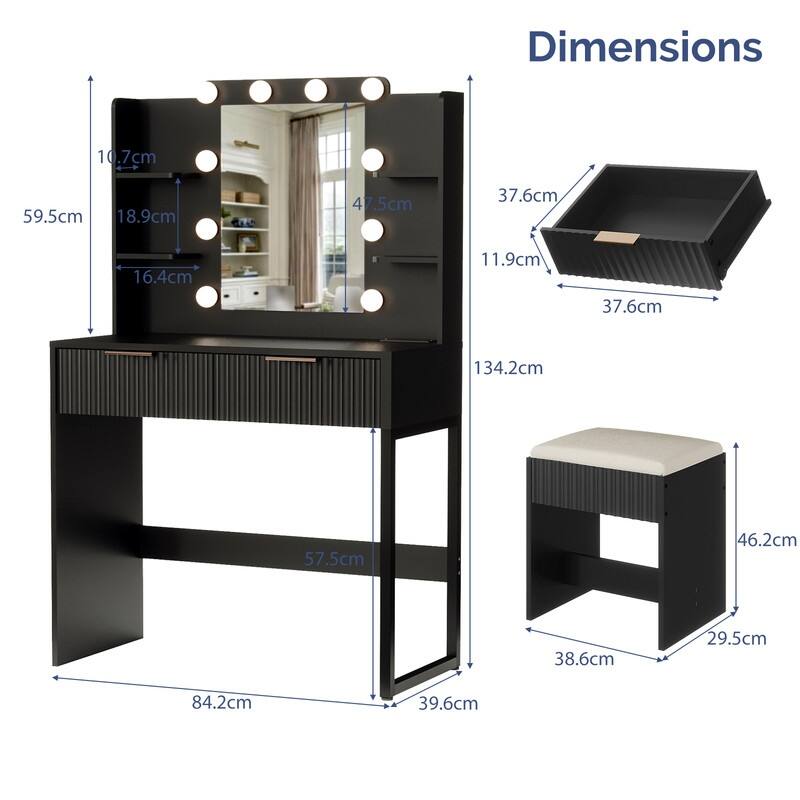 Particle Board Veneered with Textured Melamine, 2-drawer 4-Shelf, comes with 10 Three-color Dimmable Bulbs, Dressing Table Set
