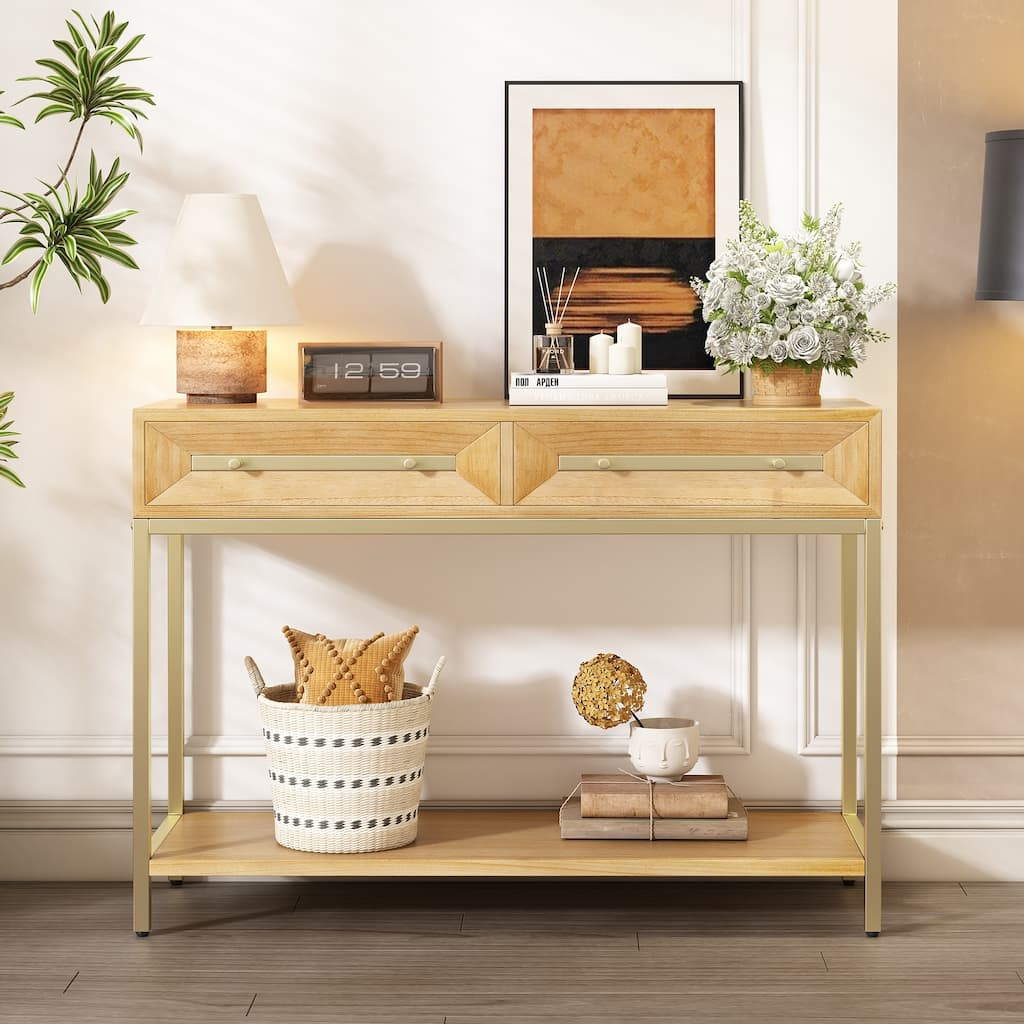 Retro Console Table Hallway Table with 2 Geometric Bevel Drawers, for Entryway and Living Room, Natural
