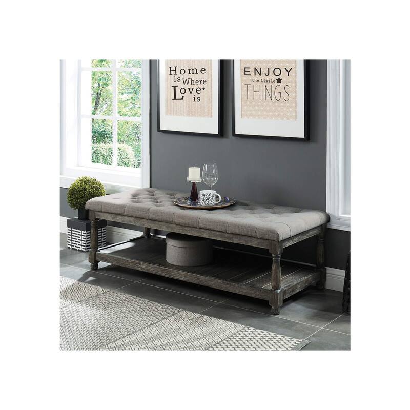 Linen and Wood Bench with Open Shelf