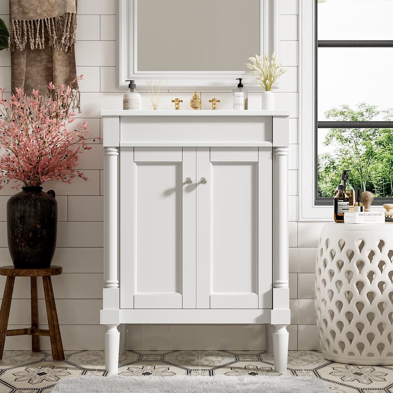 24'' Solid Wood+MDF Bathroom Vanity with Top Sink and Large Storage Shelves - 24" x 18"