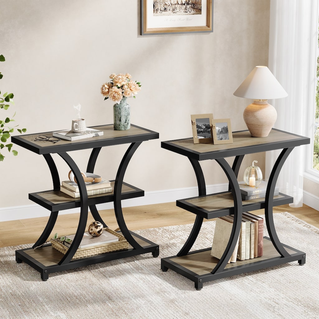 3-Tier Industrial Side Table with Geometric Metal Design