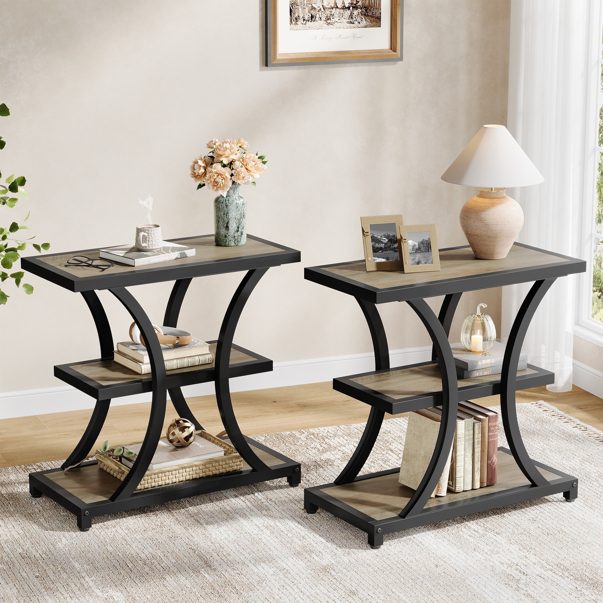 3-Tier Industrial Side Table with Geometric Metal Design