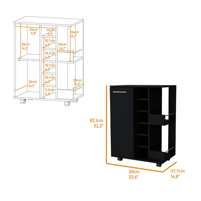 Tennessee Bar Cart, One Cabinet With Division, Six Cubbies For liquor, Two Shelves