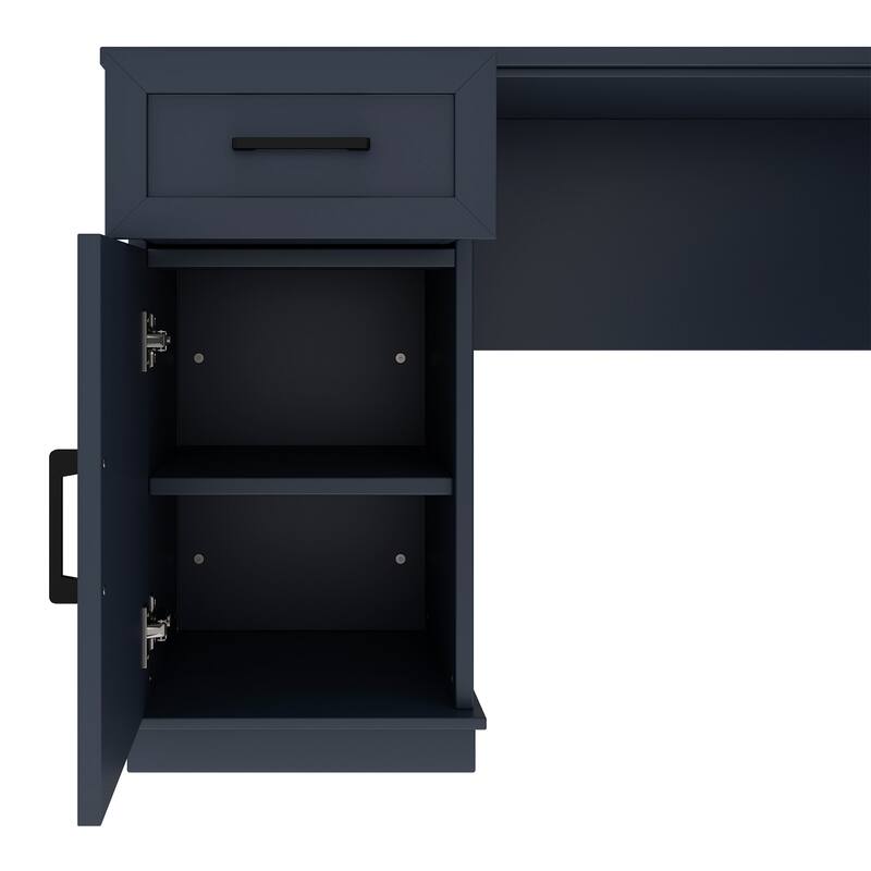 GDFStudio - Honey L-Shaped Computer Desk with Multiple Open Shelves and Built-in Power Outlet