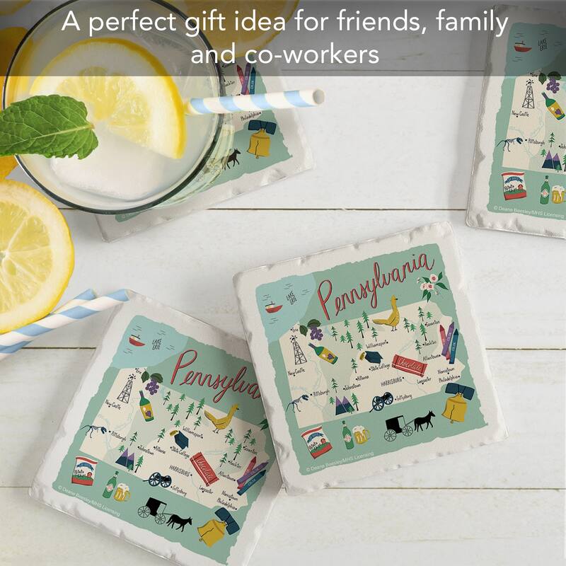 Pennsylvania 4-Pack Absorbent Stone Coasters with Protective Cork Backing 4" Square Made in The USA Artistic Easily Wipes Clean