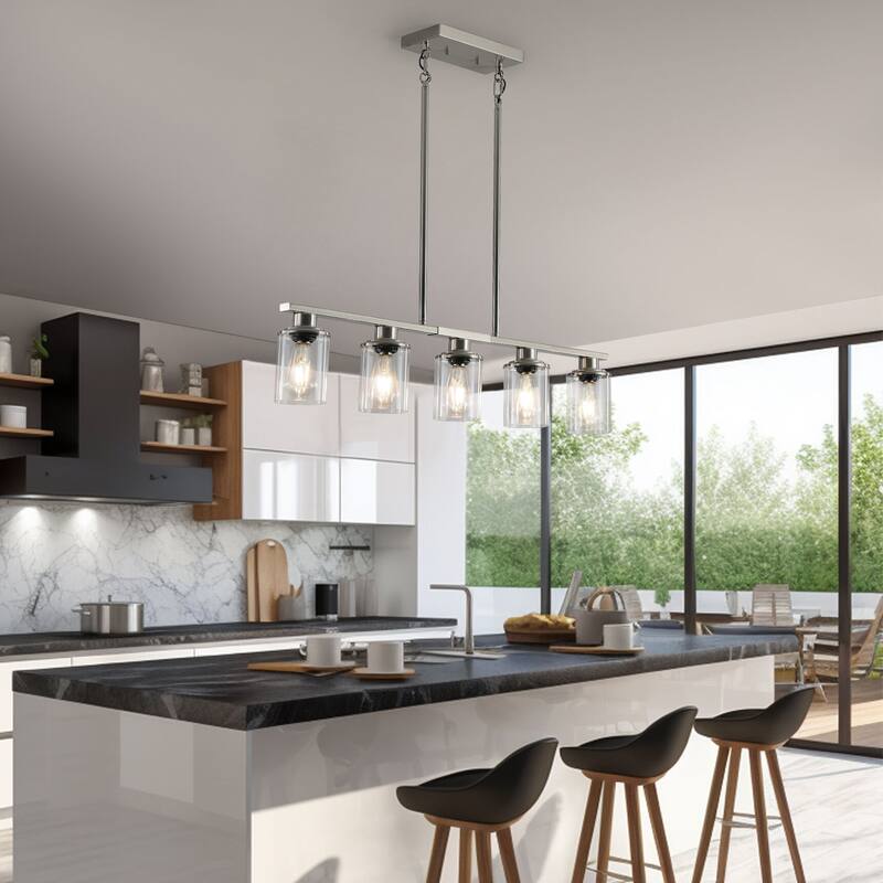 37" Brushed Nickel 5-Light Chandelier - Contemporary Kitchen Island Pendant Light with Clear Glass Shades - Chrome - Chrome