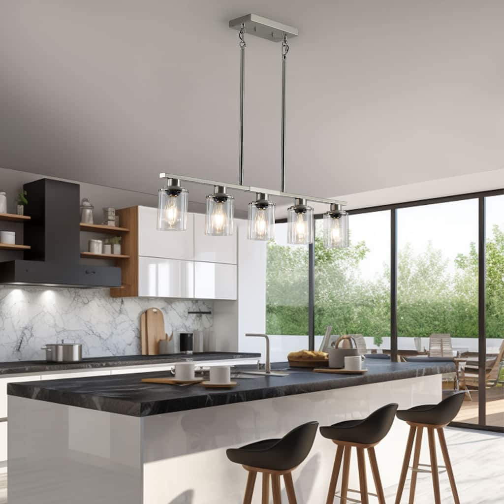 37" Brushed Nickel 5-Light Chandelier - Contemporary Kitchen Island Pendant Light with Clear Glass Shades - Chrome