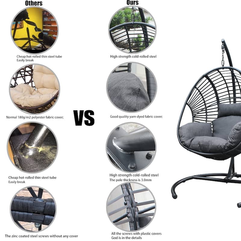 Outdoor Handwoven Hanging Egg Chair Lounge Chair, Wicker Hammock Swing Chair with Plush Puffy Cushion
