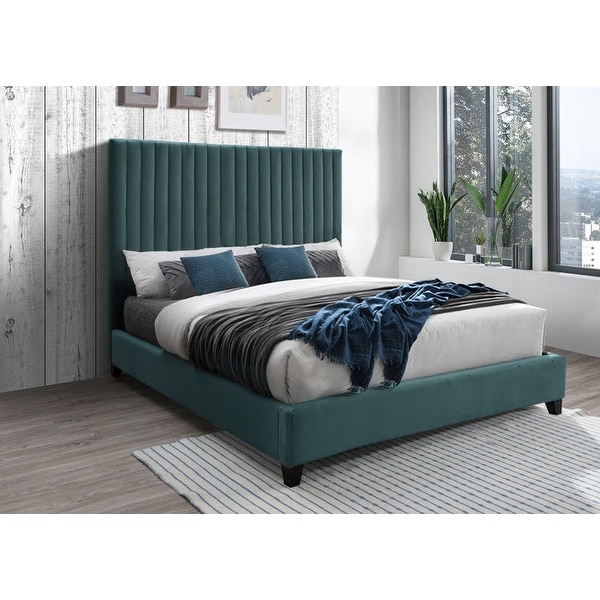 Dobri Channel Tufted Velvet Upholstered Bedframe with High Headboard (Gray/ Teal). Opens flyout.