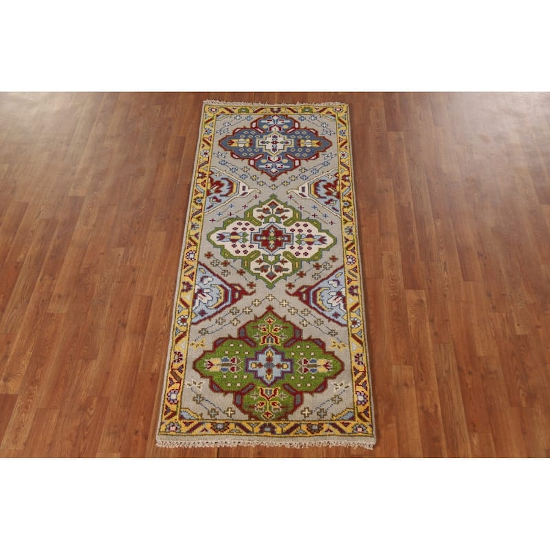 Geometric Kazak Indian Accent Rug Handmade Beige Wool Carpet - 2'7"x 6'1"
