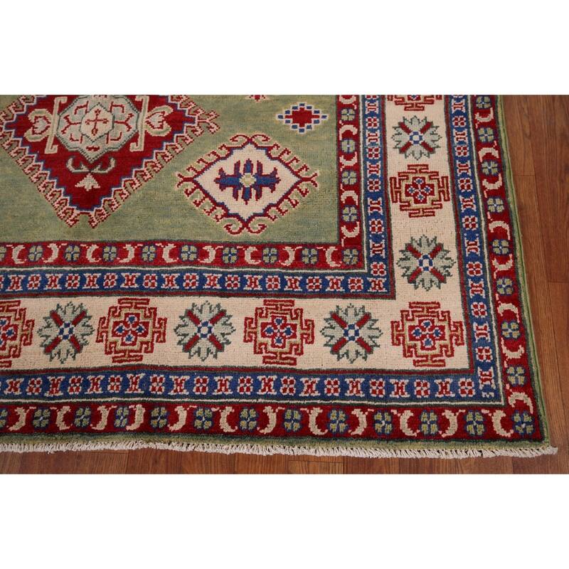 Green Geometric Kazak Area Rug Hand-Knotted Wool Carpet - 4'10" x 6'8"