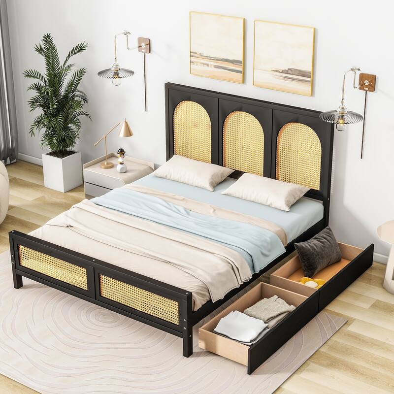 Pine Wood Platform Bed with 2 Drawers & Rattan