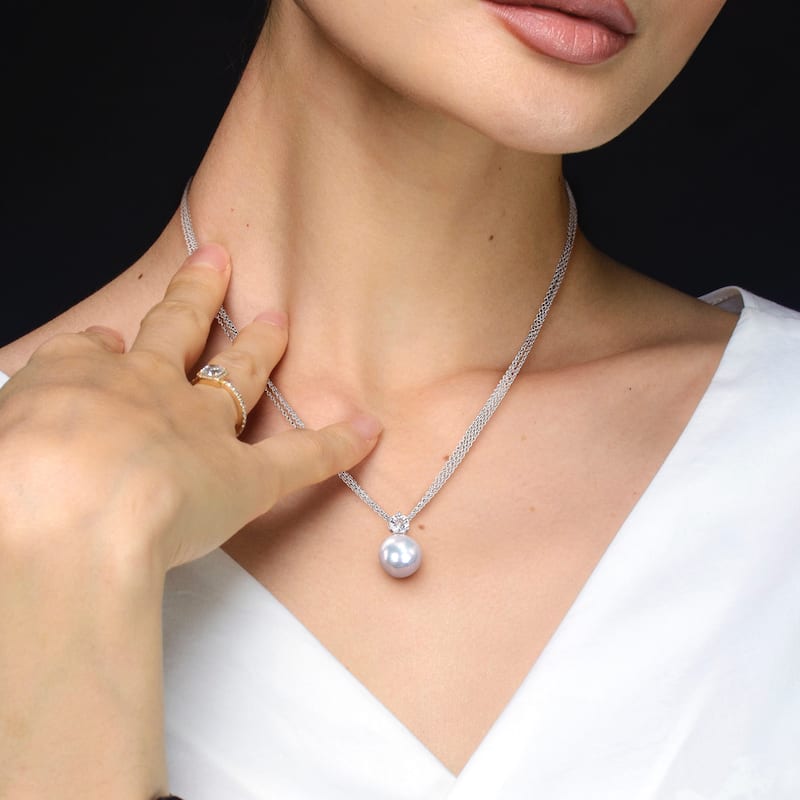 Miadora Sterling Silver Cultured Freshwater Pearl and White Topaz Multi-Chain Necklace (11-12 MM)