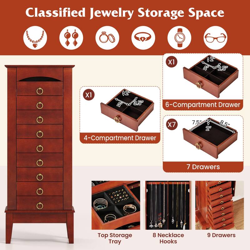 Gymax Jewelry Cabinet Armoire Wood Storage Box Chest Stand Organizer - 10.5'' X15.8''X 40''