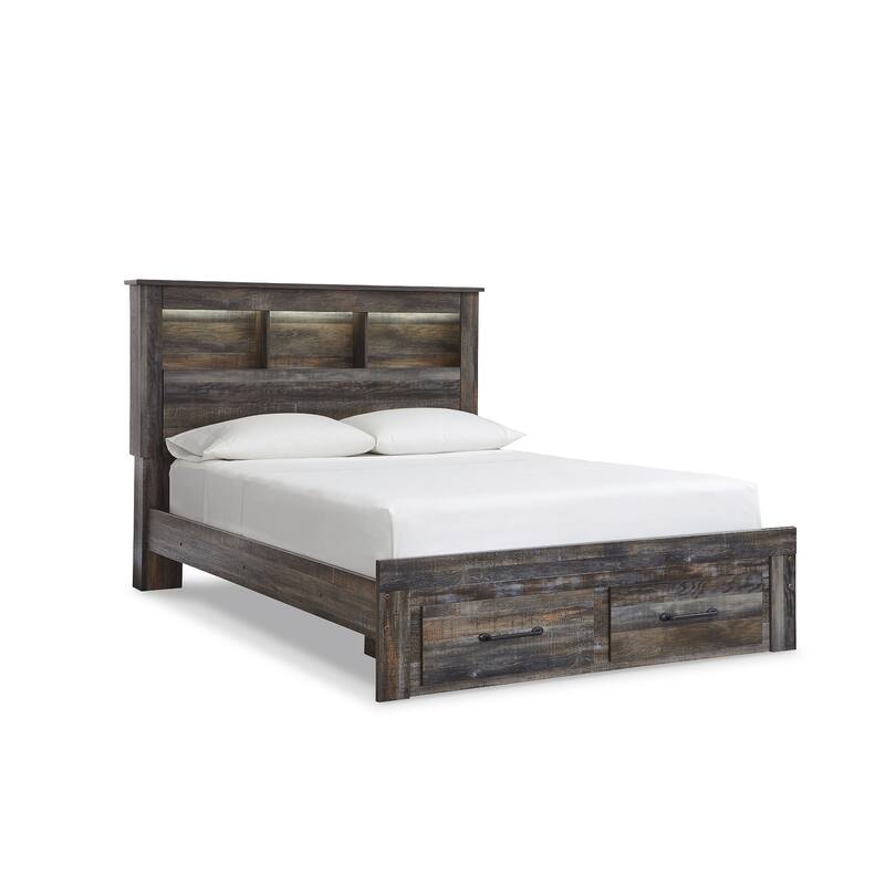 Drystan Rustic Brown Bookcase Bed with Footboard Storage Drawers