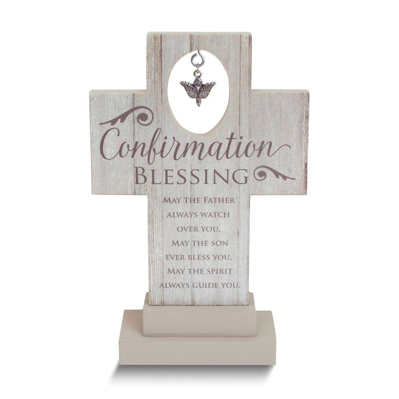 Curata Confirmation Blessing Standing Wooden Cross with Pewter Finish Dove Charm Gift Boxed
