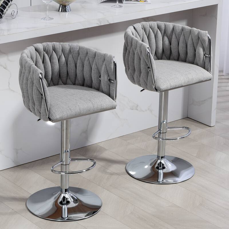 360°Velvet Swivel Bar Stools Set of 2, Adjustable Counter Height Bar Chairs with Woven Back & Footrest, chromed Bar Stools