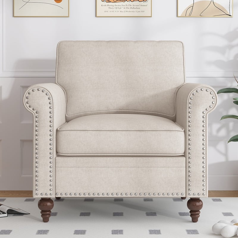 Mixoy 2 Piece Living Room Sofa Set with Rivet Design,Linen 3-Seater Sofa Couch,Loveseat Sofa/Single Sofa Chair