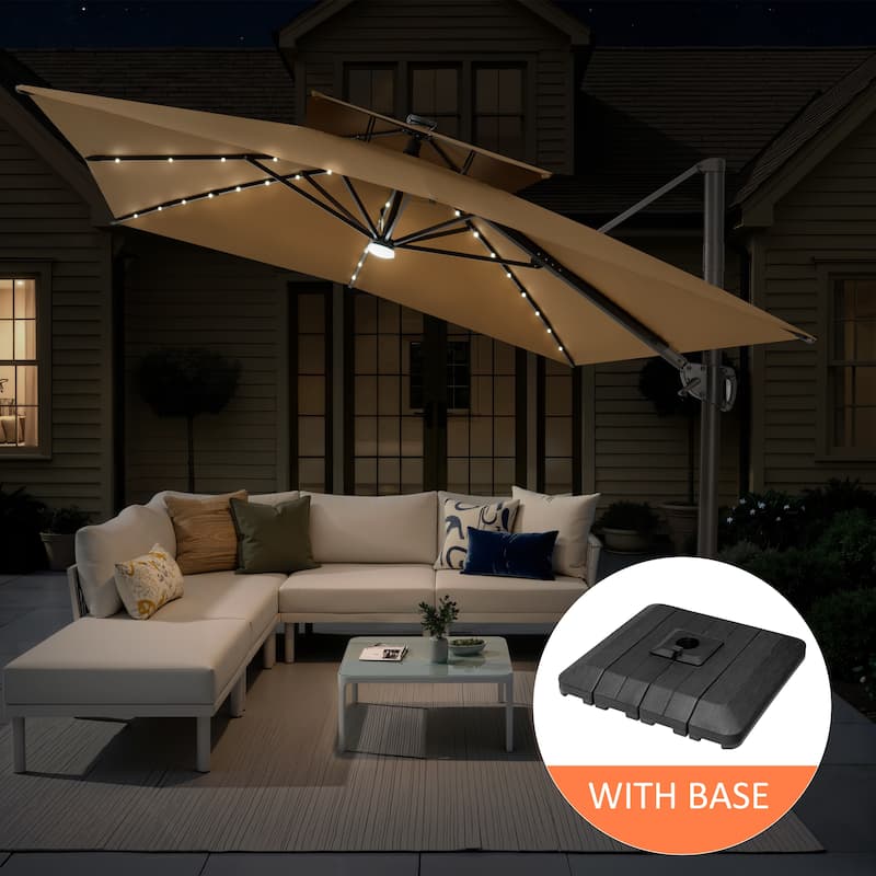 12 x 9 FT Outdoor Patio Aluminum Cantilever Umbrella with Solar Lights Double Canopy with Base - Tan