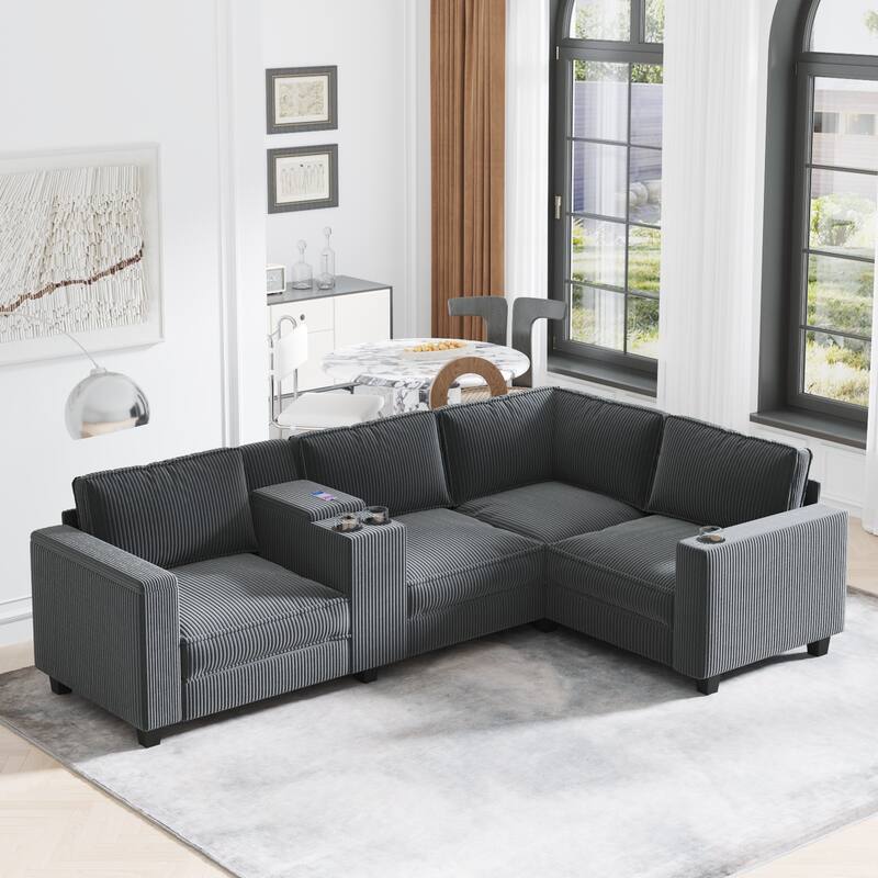 106" L-Shaped 4-Seater Corduroy Sectional - Console Armrests with USB Charging & Reversible Sides