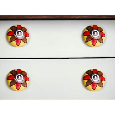 HomeRoots Set of Eight Red And Yellow Floral Ceramic Drawer Pull Knobs - 1.5" x 1.5" x 1.5"
