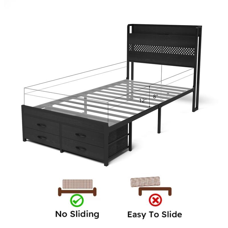 Twin Size Storage Bed with LED Lights, Charging Station & 4 Drawers