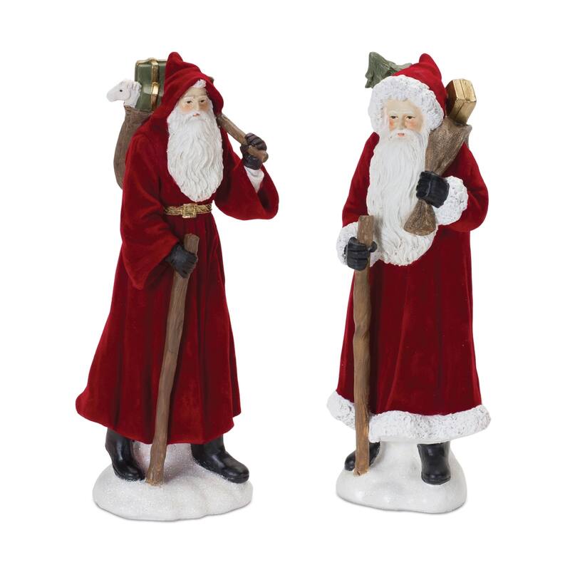 Set of 2 Standing Santa with Hood and Staff Christmas Figurines 12"