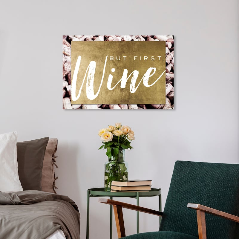 Wynwood Studio 'But First Wine Gold Corks' Typography and Quotes Wall Art Canvas Print Quotes and Sayings - Gold, White - 24 x 16