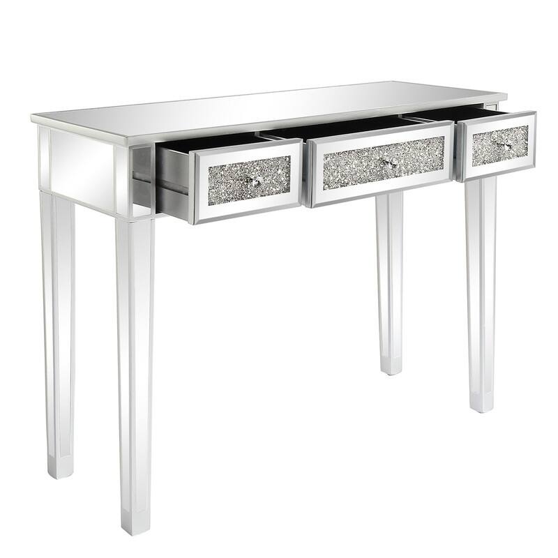 Silver MDF Mirror Broken Glass Surface Three Drawer Computer Desk