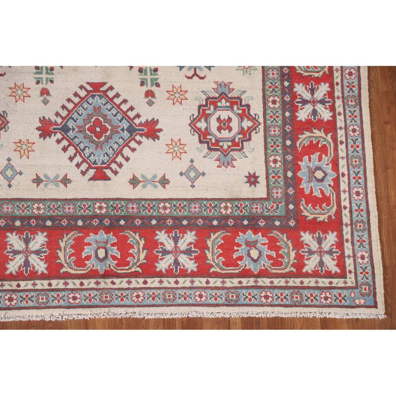 Hand Knotted Oriental 100% Wool Carpet Traditional Geometric Beige & Ivories Kazak Area Rug - 8' 11'' X 5' 11''