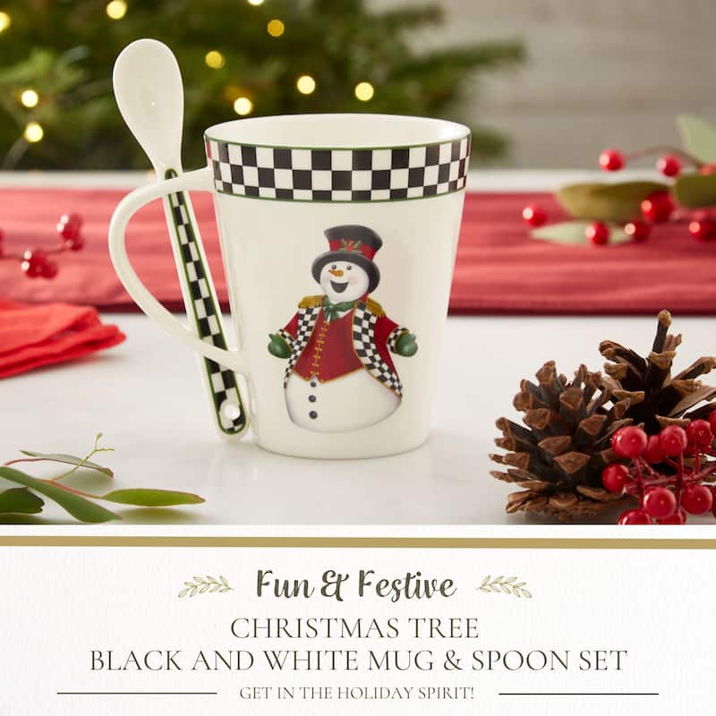 Spode Christmas Tree Black and White Mug and Spoon Set