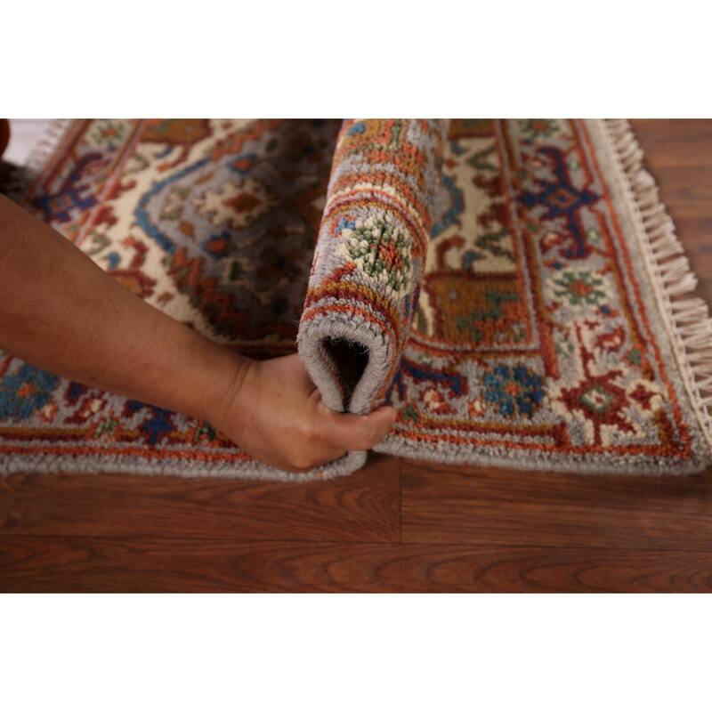 Geometric Heriz Serapi Indian Accent Rug Handmade Grey Wool Carpet - 2'1" x 3'2"