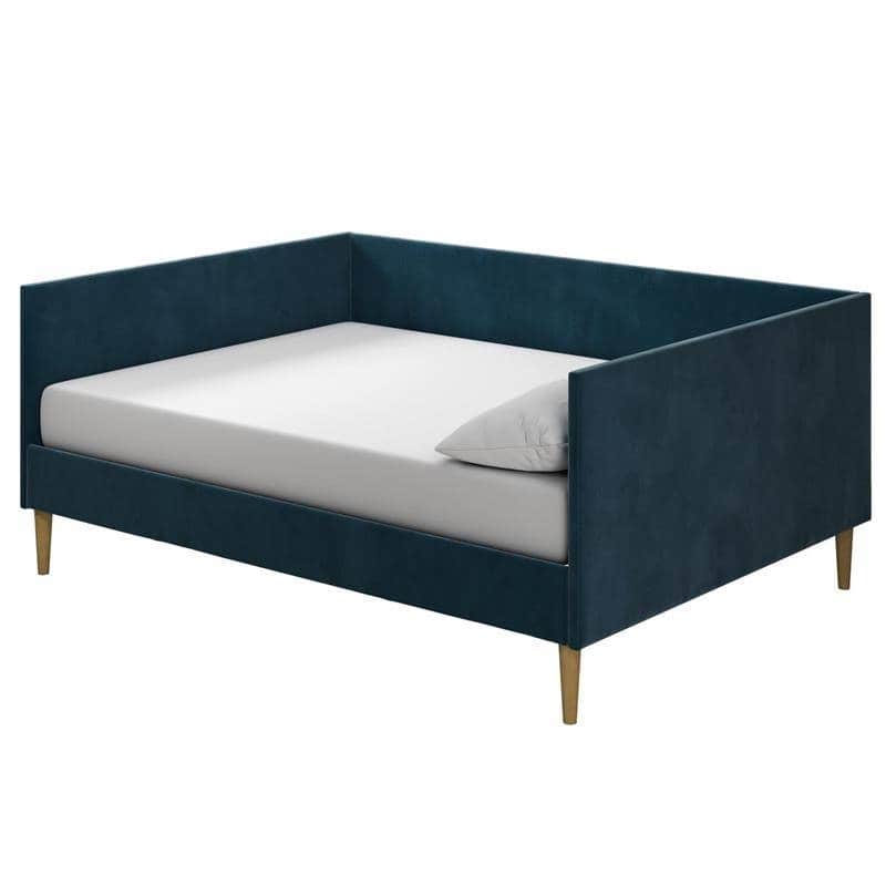 Velvet Upholstered Daybed with Wood Slat Base and Mid-Century Modern Design - Navy Blue - Full
