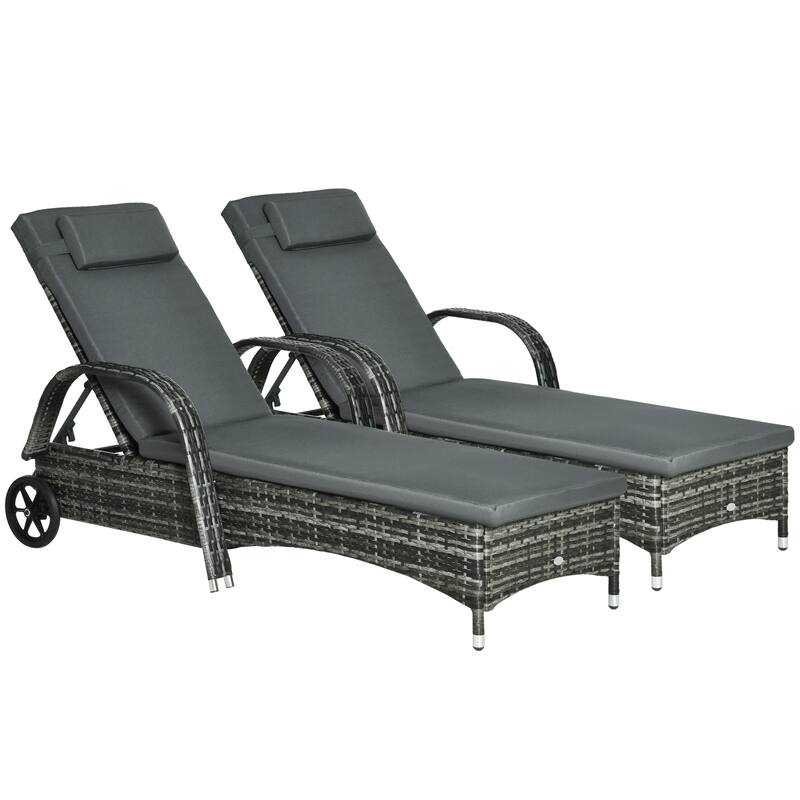 Outsunny Wicker Outdoor Chaise Lounge Set of 2, 5-Level Adjustable Backrest PE Rattan Pool Lounge Chair with Wheels, Cushion