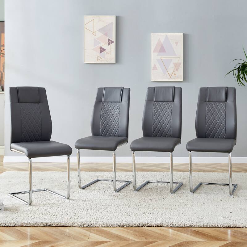Modern Dining Chairs with Faux Leather Upholstered Seats and Metal Legs, for Kitchens, Dining Rooms, Set of 4 - Grey