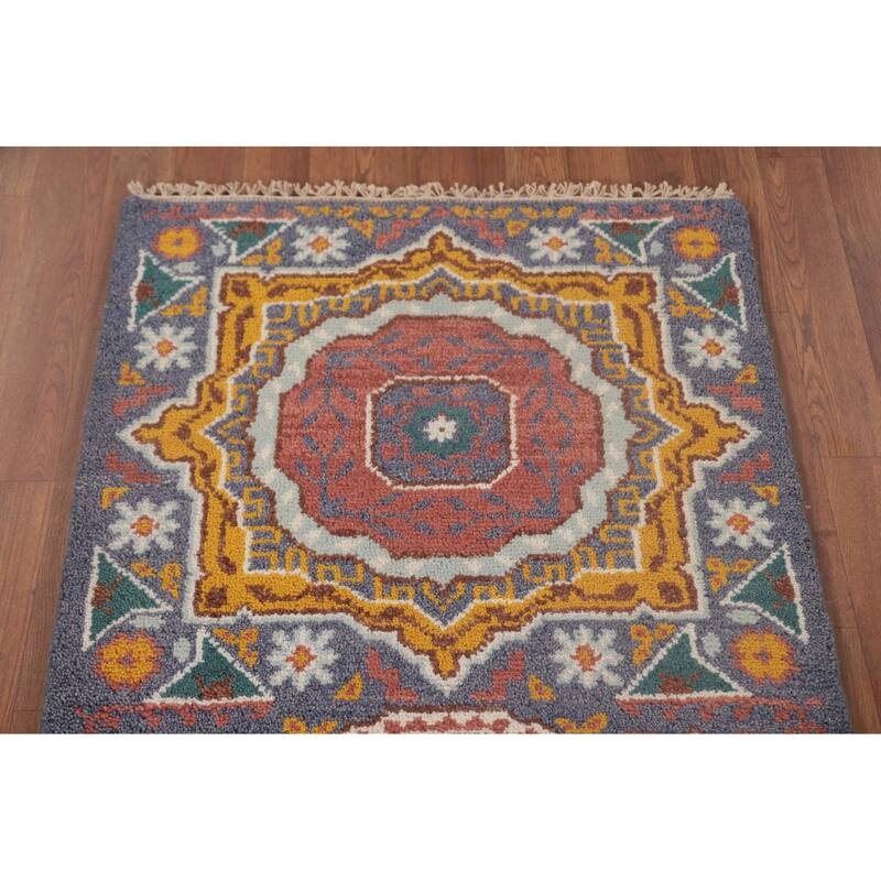 Geometric Blue Kazak Runner Rug Hand-Knotted Wool Carpet - 2'7"x 7'11"