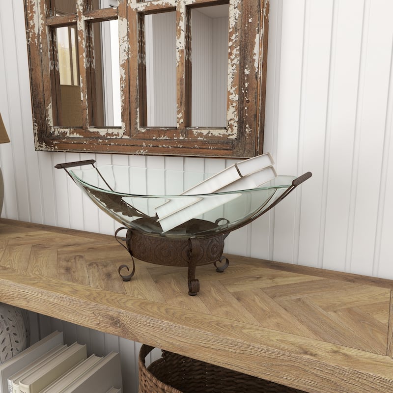 Tempered Glass Kitchen Serving Bowl with Brown Metal Scroll Base - Clear - Roche River Decor