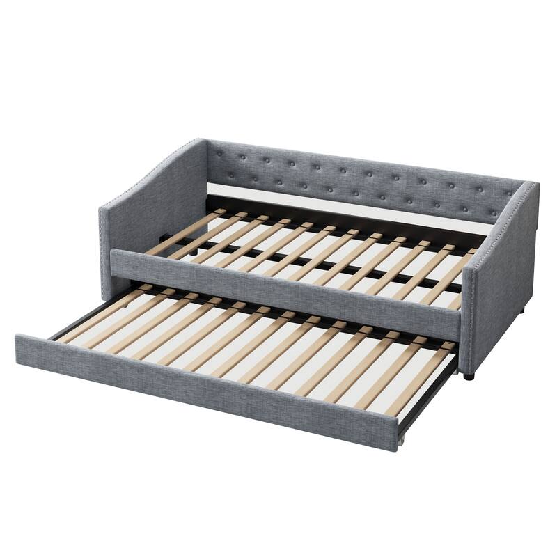 Linen Tufted Daybed with Trundle, Upholstered Platform Sofa Bed Frame, Wooden Slat Support