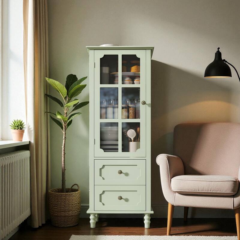 Minimalist Buffet Cabinet with Glass Doors and Drawers, Modern Wooden Storage Sideboard for Dining or Living Room - Mint Green