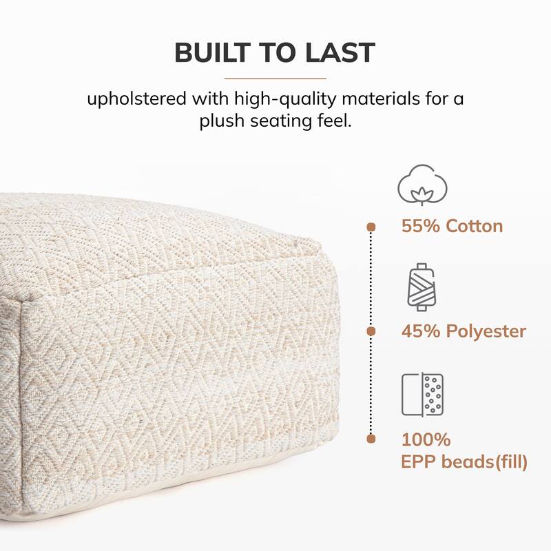 Jani Willamette 34-inch Beige Square Oversized Pouf Ottoman - Stylish Footrest for Living Room, Bedroom