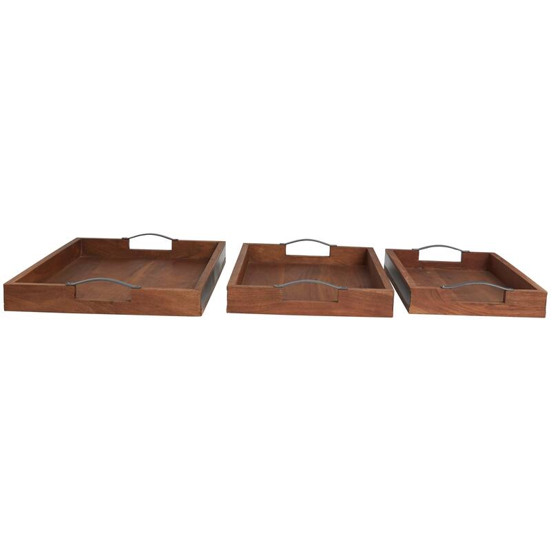 Mango Wood Tray with Sleek Black Metal Handles (Set of 3) - Brown or Cream