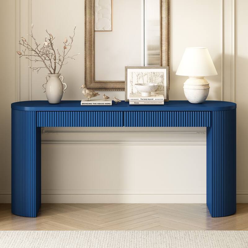 Vintage Pine Veneer Console Table with Vertical Striped Design, 58.2 Inch Entryway Table Living Room Sofa Table with 2 Drawers