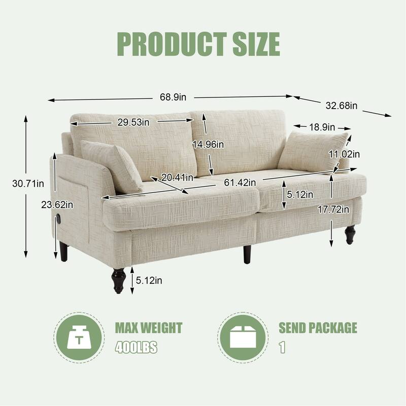 Modern Style Chenille 2-Seater Wood-Legged Sofa With Led Light, Usb Charging Port And Storage Bag Living Room Bedroom Study Room
