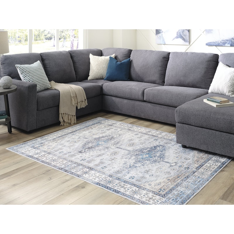 Signature Design by Ashley Hebruns Blue/White Machine Washable Rug - 60.38" W x 83.75" D x 0.25" H