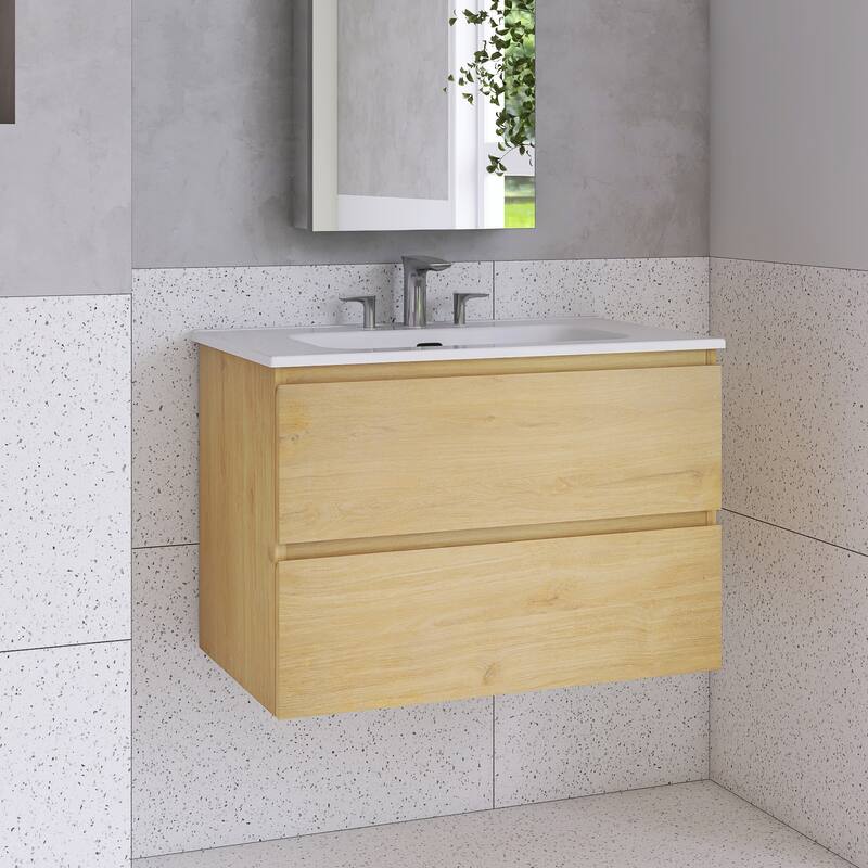 Floating Integrated Bathroom Vanity with Ceramic Sink, Three Faucet Holes