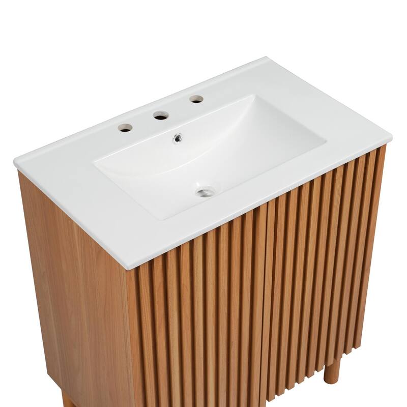 GDFStudio - Eleanor Traditional Wood Grain Bathroom Vanity with U-Shaped Adjustable Shelf, Ceramic Sink & Soft-Close Doors